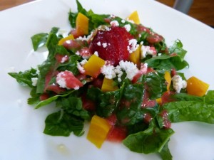 Introducing the "Grandma Beet" Salad! It has all of my grandma's favourites! Golden beets, spinach, and chevre with a strawberry vinaigrette!